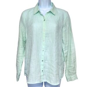 Eileen Fisher Petite Organic Linen Button Up Blouse Womens PS Mint Green Top